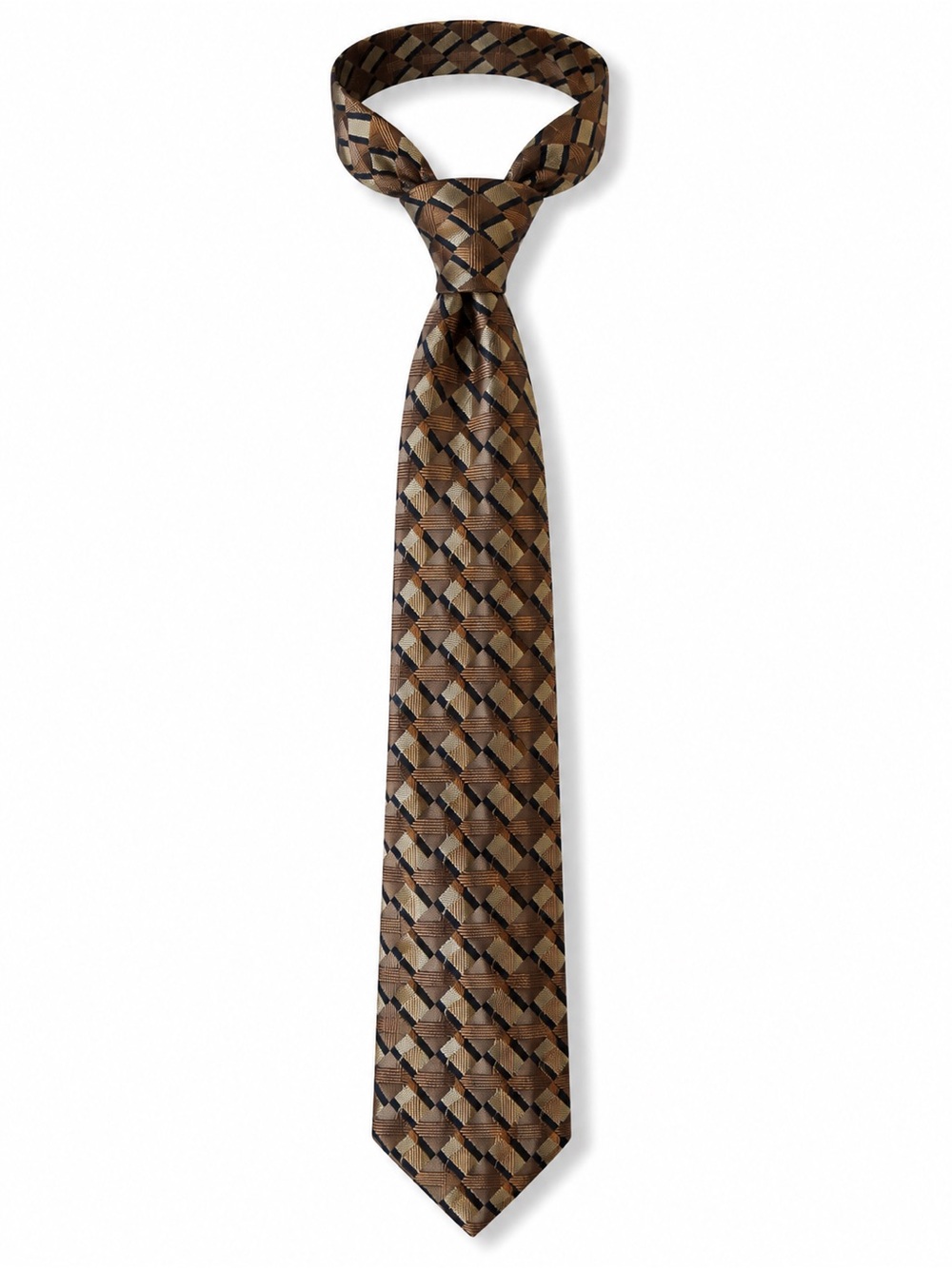 Silk Necktie Brown Gray Woven Basketweave Pattern Mens Tie